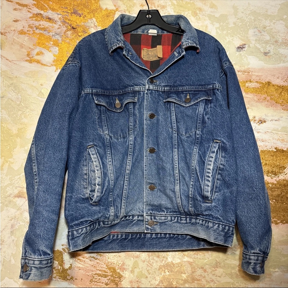 Vintage 80s Plain Pockets Denim Jacket Flannel Lined Workwear Medium
